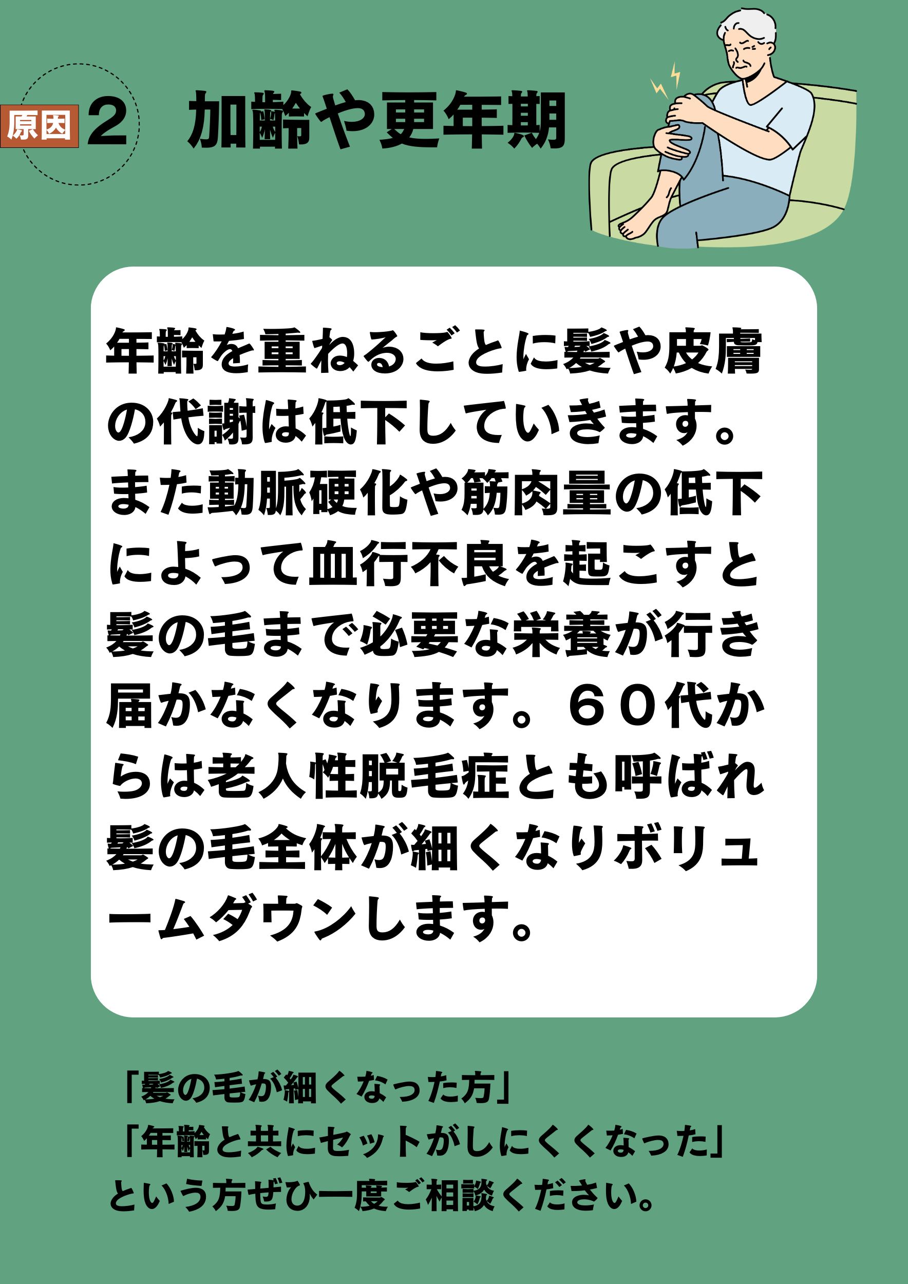 原因2　加齢や更年期
年齢を重ねるごとに髪や皮膚の代謝は低下していきます。また動脈硬化や筋肉量の低下によって血行不良を起こすと髪の毛まで必要な栄養が行き届かなくなります。６０代からは老人性脱毛症とも呼ばれ髪の毛全体が細くなりボリュームダウンします。
「髪の毛が細くなった方」
「年齢と共にセットがしにくくなった」
という方ぜひ一度ご相談ください。